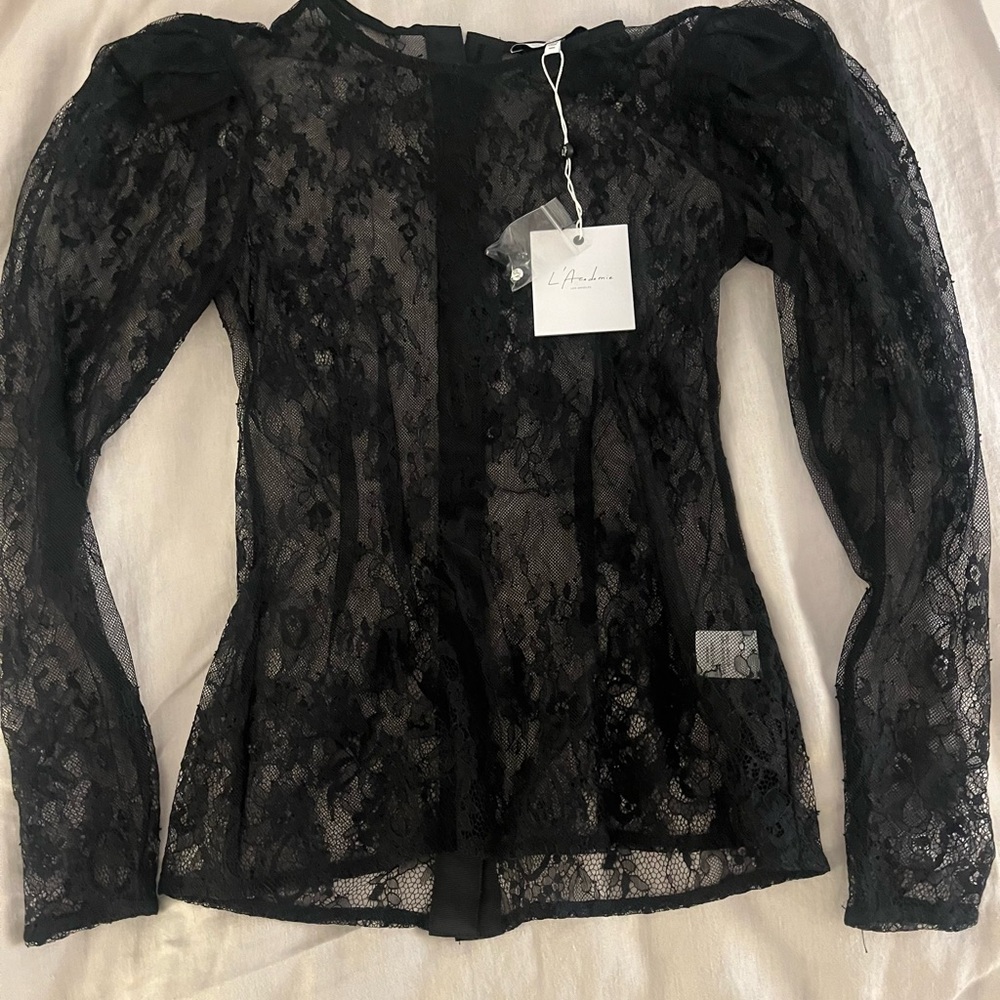 NWT L’Academie Black Lace Top with Shoulder Pads and Button Back